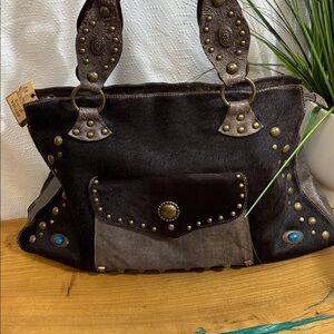 Laura Di Maggio Italian Leather suede western turquoise brass studs cow hair